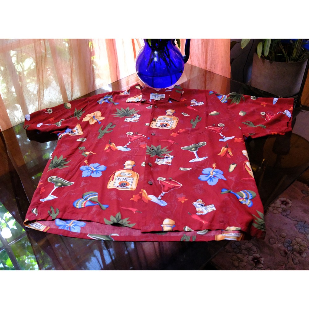 Big Dogs Mens XL Red Tequila Margarita Tropical Rayon Button Down Camp Shirt
